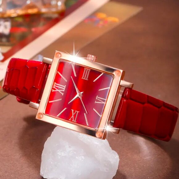 New 5pc Women's Red Watch & Heart Bracelet Set with Earrings, Necklace & Ring - Picture 4 of 5